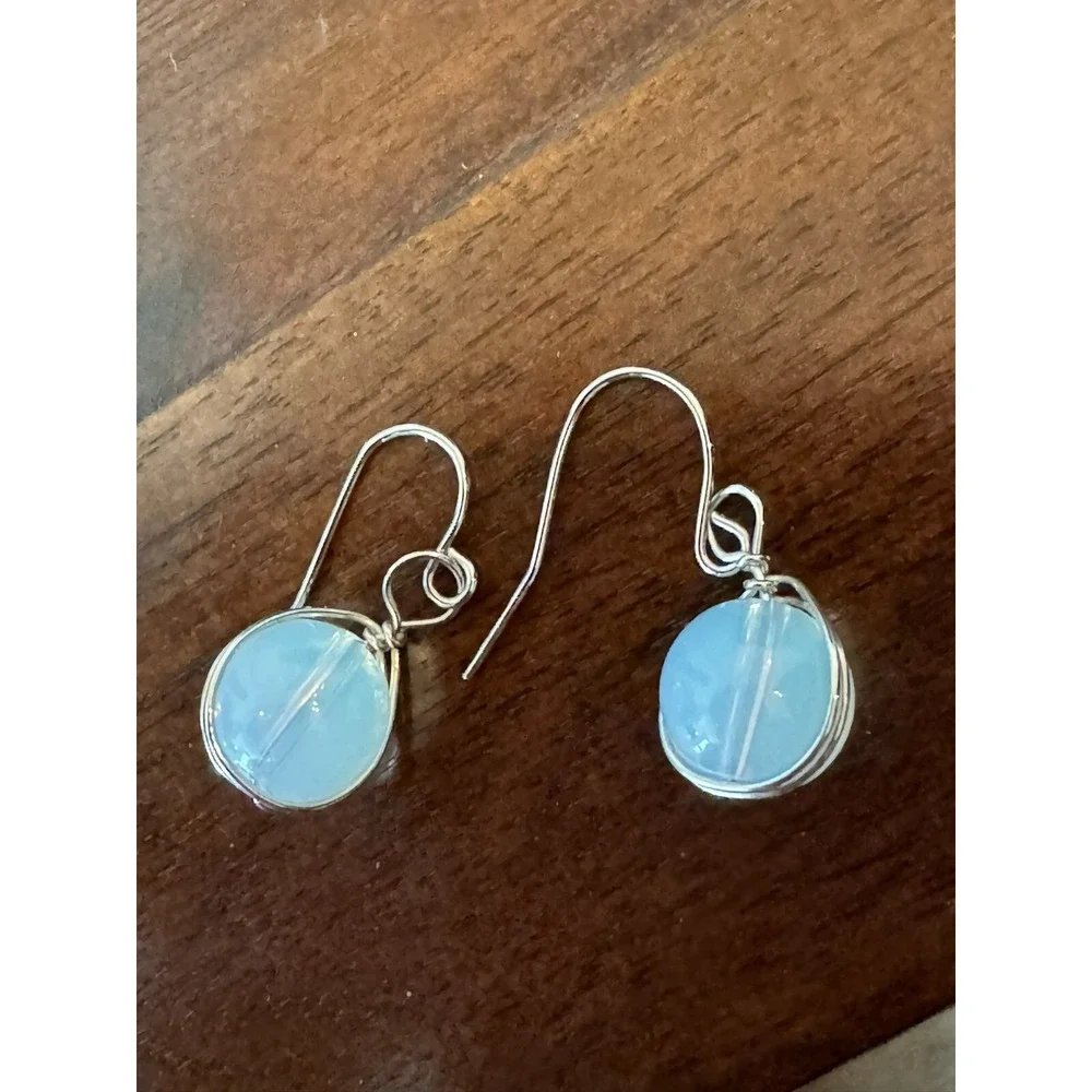 Very Light Blue Ball Earrings with Silver Tone Accents Women Bohochic Style‎